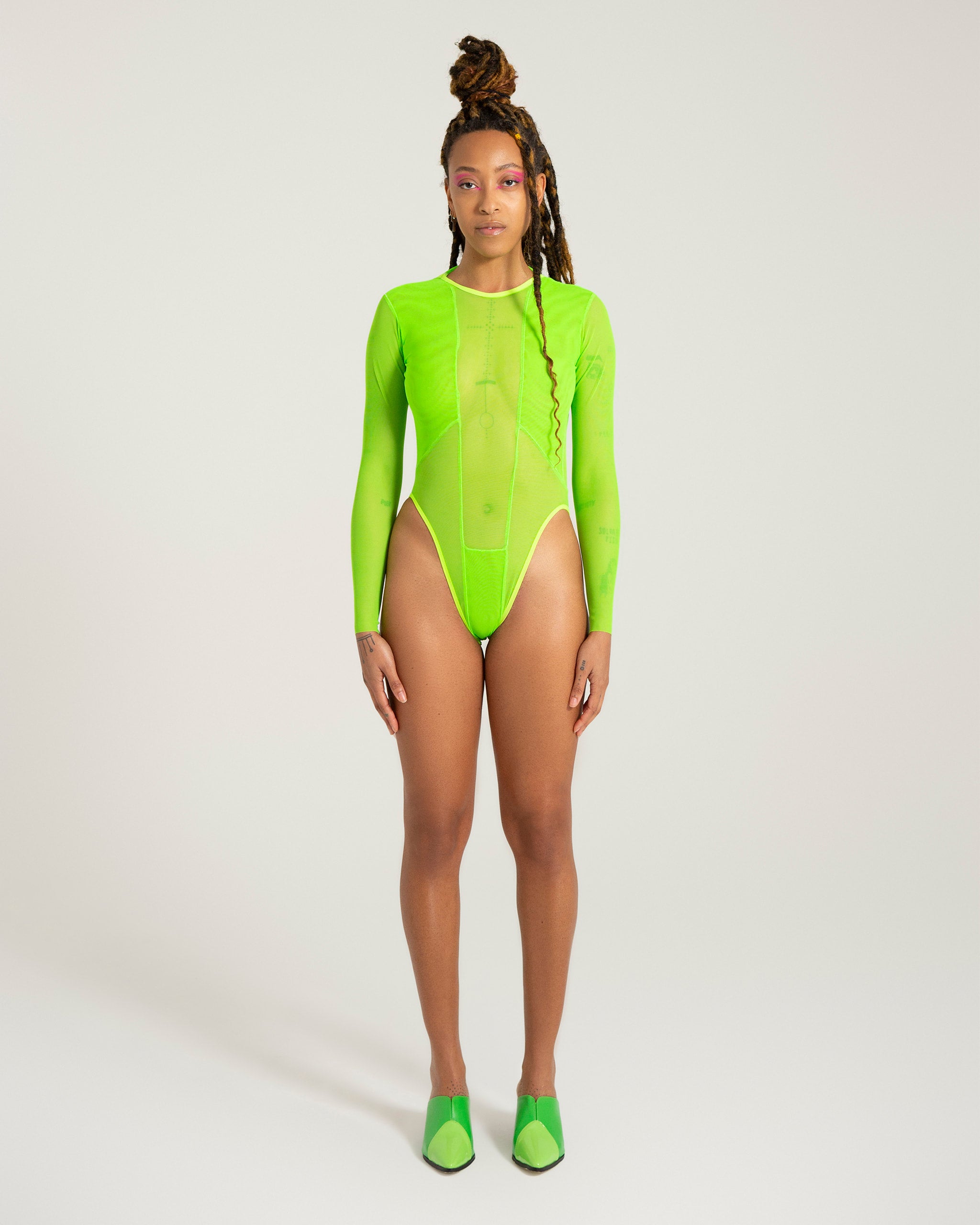 Women's Neon Green Sheer Mesh Lace Bustier Underwire Bodysuit 